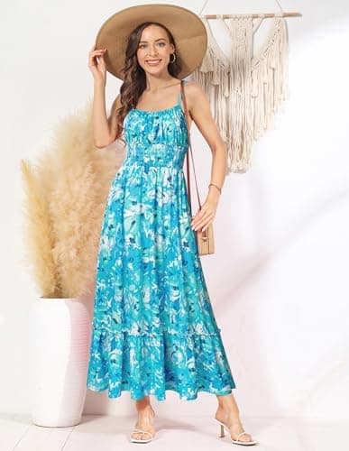GRACE KARIN Summer Dresses for Women 2026 Vacation,Smocked Floral Maxi Dresses,Boho Beach Long Sundress Blue Green S - Thumbnail 3