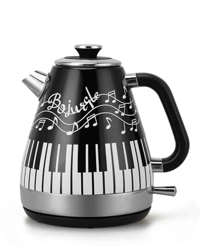 Bojurgle Electric Kettle with Piano & Musical Notes Design, 1.7L Stainless Steel Interior, 1200W Fast Water Boiler for Tea & Coffee, Cordless with Auto Shut-Off, Unique Musician Gift & Kitchen Decor - Image 1