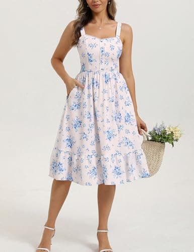 Belle Poque Floral Dress for Women Summer Wedding Guest Dresses 2026 Tea Party Dress Flowy Sundress with Pockets (Blue,M) - Thumbnail 3