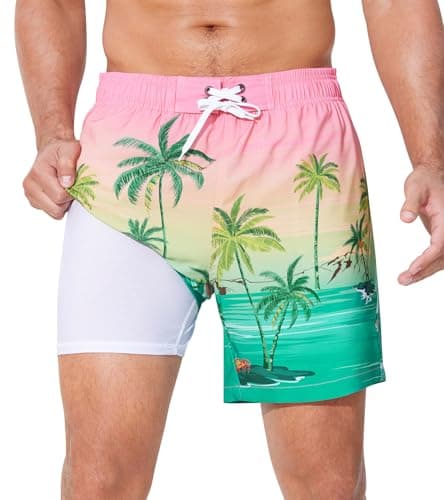 SILKWORLD Pink Swim Trunks Men Quick Dry 6 inch Beach Shorts with Compression Liner and Zipper Pocket,Pink Coconut Tree,X-Large - Image 1
