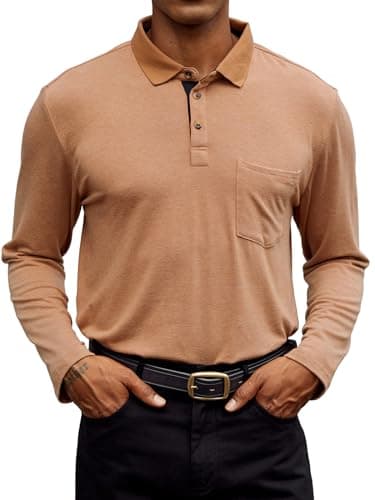 Hardaddy Men's Business Casual Golf Polo Shirt with Pocket Long Sleeve Work Shirts with Collar Stylish Spring Contrast Color Tees Tops Shirts Slim Fit Khaki M - Image 1