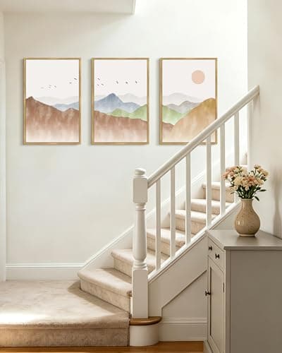 KUVIOKE Mountain Landscape Framed Wall Art Watercolor Nature Painting Boho Sun Rise Prints Farmhouse Rustic Home Decor Ready to Hang 16x24in (Natural Framed) - Thumbnail 4