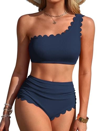 Charmo Womens One Shoulder Bikini Sets High Waisted Tummy Control Bathing Suits Ribbed Scalloped 2 Piece Swimsuits 2026 Navy M - Image 1