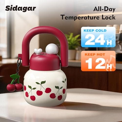 Sidagar 22 oz Tote Water Bottle with Straw and Carry Handle, Wide Mouth Vacuum Insulated Stainless Steel Tumbler, Travel Water Jug for Women Easy Carry, Cherry - Thumbnail 5