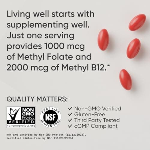 Sports Research® Methyl Folate + B12-1000 mcg L-Methylfolate & 2000 mcg Methylcobalamin for Cellular Energy Support - Vegan B12 w/Coconut MCT Oil - Non-GMO, Gluten Free - 90 Veggie Softgels - Thumbnail 4