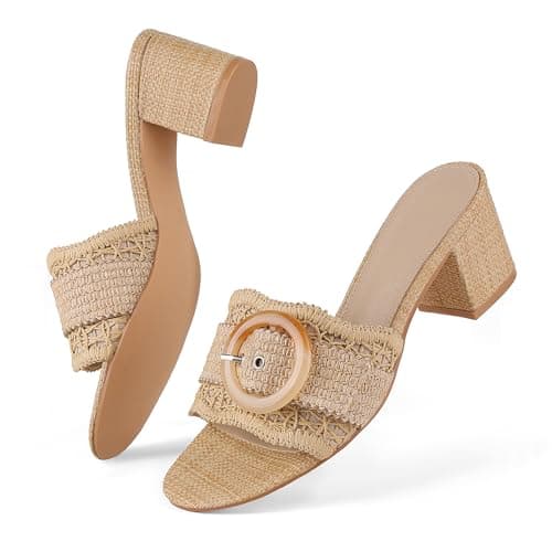 Grakihily Womens Raffia Mule Slides Sandals Open Toe Backless Buckle Heeled Sandals Chunky Block Heel Bohemia Beach Dressy Slip on Summer Vacation Shoes,Apricot Size 10 - Thumbnail 4