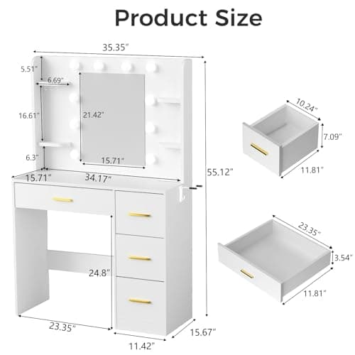 HABIUBIU 35 Small Vanity Desk with Mirror and Lights,10 Lights,3 Color Modes,Makeup Vanity Desk with 4 Storage Shelves 4 Drawers and Power Outlet,White vanitys-New Upgraded Quality - Thumbnail 6
