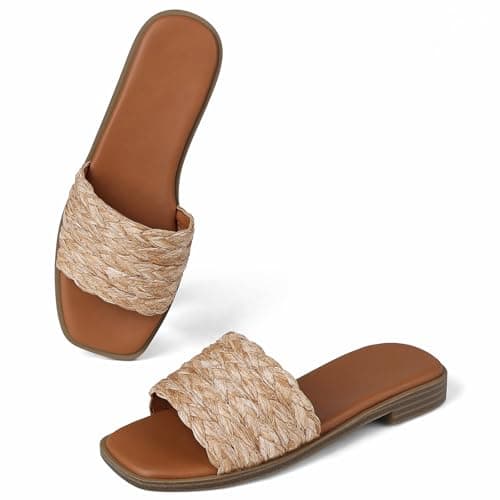 femflame Brown Women's Slide Sandals Espadrilles Flat Sandals for Women Slip on Beach Sandals Summer Casual Woven Shoes with Open Square Toe for Daily Dress Vacations Holiday - Thumbnail 6