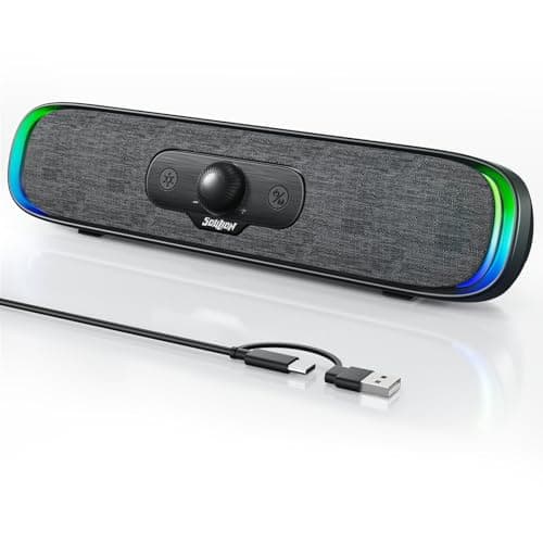 SOULION Computer Speakers, USB C/USB Powered PC Speaker with Colorful LED Lights, Plug-N-Play Wired Bluetooth Sound bar with Rotary Control for Desktop Laptop Monitor Office Work Music Black - Image 1