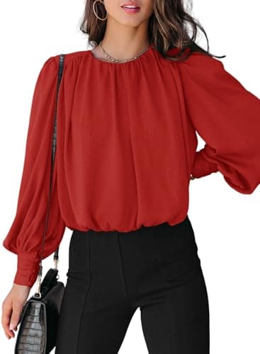 Dokotoo Womens Juniors Spring Tops and Blouses for Women 2026 Summer Trendy T-Shirts Padded Shoulder Long Sleeve Tunic Tops Loose Work Business Dressy Tee Shirts Red Medium - Image 1