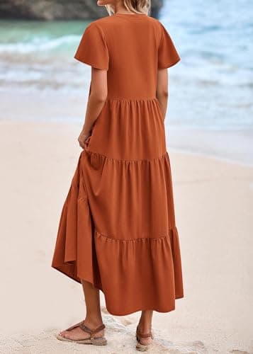 KIRUNDO Summer Maxi Dresses for Women 2026 Spring Fashion Short Sleeve Button V Neck Pleated Loose Tiered Swing Flowy Dress(Rust Red, XX-Large) - Thumbnail 2