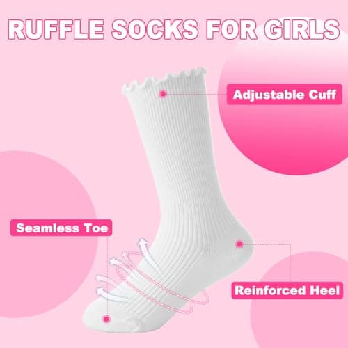 BISOUSOX Girls Socks 6-8 Years Old White Ruffle Cute Ankle Crew Frilly Ruffled Kids School Dress Socks for Girls 8-10 12 - Thumbnail 6