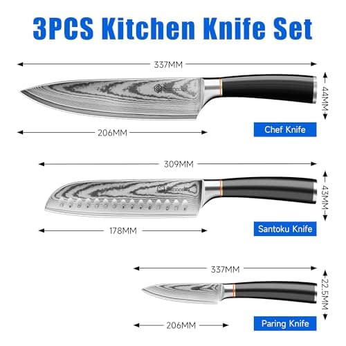 Sunnecko Damascus Knives Set,Japanese VG10 Core Steel Damascus 3PCS Chef Knife Set,Professional Razor Sharp Kitchen Knives Set with Knife Sharpner - Thumbnail 3