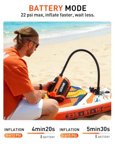 BAVIZZN 76.96Wh Rechargeable SUP Pump, 22PSI Electric Paddle Board Pump with Auto-Off & LCD, Dual Power (Battery/12V Car) & Type-C, Portable Inflator for 6 SUPs, Kayak Boat Camping Inflatables - Thumbnail 6