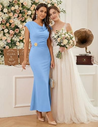 ZESICA Women's Summer Wedding Guest Maxi Dress 2026 Bodycon Cap Sleeve Cowl Neck Ruched Cocktail Formal Party Long Dresses-Blue-XL - Thumbnail 2