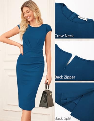 GRACE KARIN Ruched Dresses for Women Elegant Church Long Cap Sleeve Business Pencil Bodycon Midi Dress Wear to Work Peacock Blue 2XL - Thumbnail 4