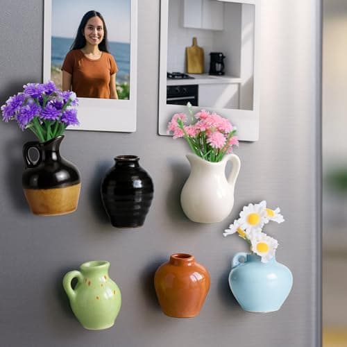 Mini Vase Magnets for Fridge 6PCS - 3D Ceramic Tiny Plant Vase Magnets Fridge Decoration Set Design for Refrigerator, Lockers & Office Spaces (6PCS, with Flower) - Thumbnail 4