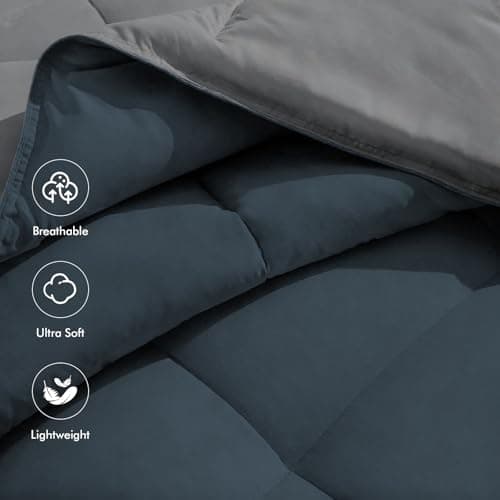 PAJEO Twin Down Alternative Comforter,Fluffy & Breathable All Season Comforter, Reversible Colors Twin Duvet Insert for Master Bedroom & Dorm Room Essentials,Dark Blue/Grey - Thumbnail 4