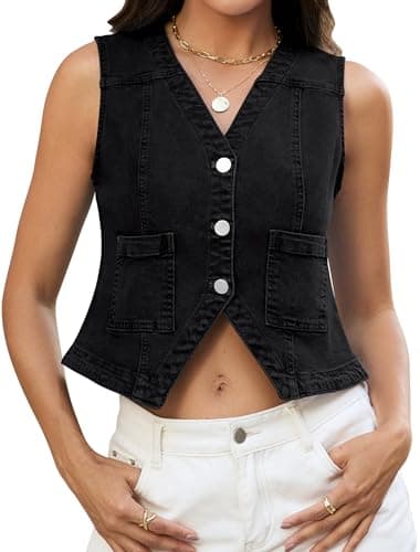 Eddoyee Stretchy Cropped Denim Vest Women Western Jean Vest Tops Concert Outfits Cowgirl Summer Fitted Waistcoat with Pockets(Black Denim, Small) - Image 1