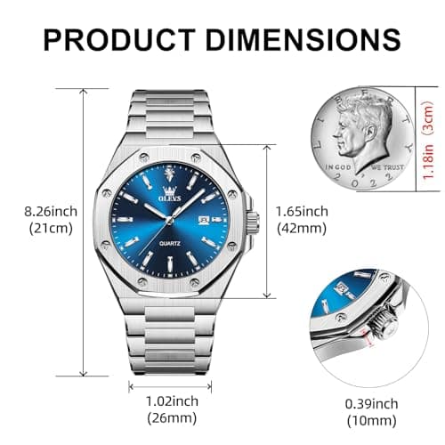 OLEVS Watch Men Luxury Silver Stainless Steel Dress Blue Face Waterproof Quartz Analog Watches for Men Large Octagonal Dial Luminous Minimalis Mens Watch Relojes para Hombres - Thumbnail 4