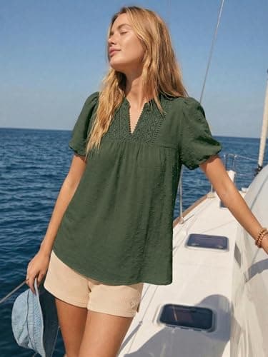 Funlingo Womens Summer Boho Tops Short Sleeve V Neck Blouses for Women Dressy Casual Puff Sleeve Cute Flowy Lace Swiss Dot Bohemian Shirts Green 2XL - Thumbnail 3