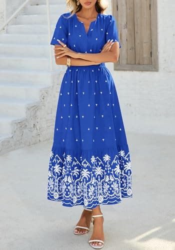 BTFBM Summer Dresses for Women 2026 Casual V Neck Short Sleeve Flowy Wedding Guest Beach Vacation Floral Boho Maxi Dress(Royal Blue White Flower, Large) - Thumbnail 6