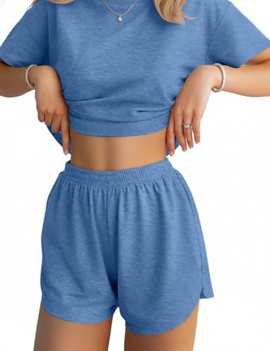 JUSTFASHIONNOW Womens Pajama Sets Shorts Two Piece Lounge Sets Crew Neck Sleepwear Soft Pjs Split Shorts Set Summer Outfits Cute Pajama Sets for Women Blue S - Image 1