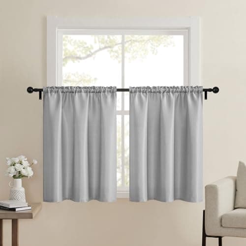 Home Queen Grey Waffle Bathroom Window Curtains, Short Water Repellent Rod Pocket for Small Kitchen Window, 24 W X 36 L Inch Each