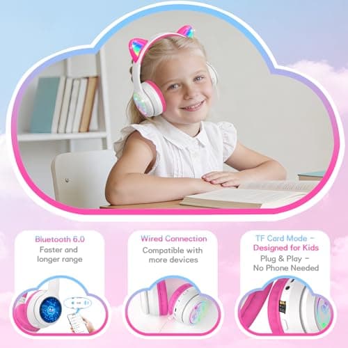 IFECCO Kids Wireless Headphones with Case,Cute LED Light Up Cat Ear Children Girls Bluetooth 6.0 Headphones Volume-limiting for School Travel Gifts - Thumbnail 3