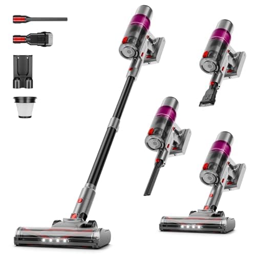 Cordless Vacuum Cleaner: Portable 6-in-1 Stick Vacuum with Anti-Tangle Brush, LED Headlight, Self-Standing, HD Display, Rechargeable Vacuum for Pet Hair, Low-Pile Carpet and Hardwood Floor-Purple