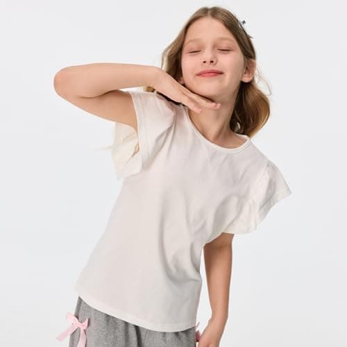 MIANZHI Girls Summer Shirts Kids Striped Ruffle Sleeve T Shirts Crew Neck Casual Tops Cute Short Sleeve Tees 5-14 Years Beige - Thumbnail 2