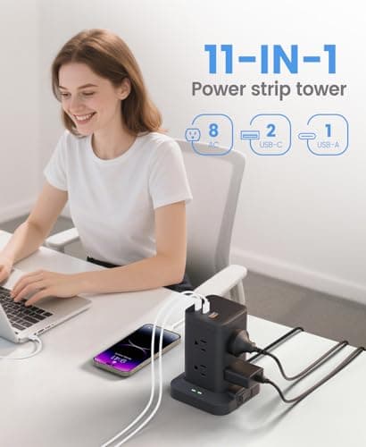 Power Strip Tower with Surge Protector 1800J, Fast Charging Tower PD20W USB-C Ports with 8 AC Outlets, 6ft Extension Cord for Home Office Dorm Room, Black - Thumbnail 3