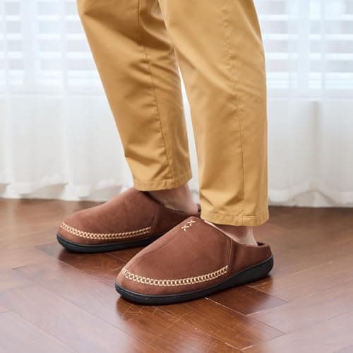 GOEWY Mens Moccasin Slippers with Memory Foam Indoor Outdoor House Shoes Non-Slip Men's Slipper Warm Comfy Slippers for Men Gifts for Men Him Dad Coffee 9 10 - Thumbnail 2