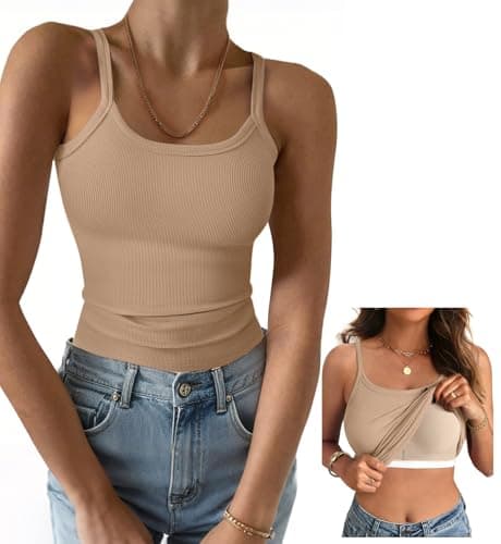 GKBK Women's Sleeveless Built in Bra Tank Top Form Fitting Scoop Neck Ribbed Knit Basic Padded Cami Shirts White Khaki S - Image 1