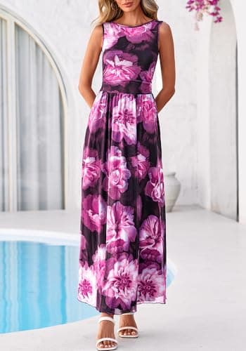 BTFBM Summer Dresses for Women 2026 Floral Maxi Dress Sleeveless Mesh Flowy Spring Wedding Guest Dress Long Sundresses(Black Flower, Large) - Thumbnail 4