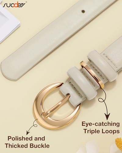 SUOSDEY Women Leather Belt for Jeans Pants Fashion Ladies Skinny Dress Waist Belt with Gold Buckle,0.9" Width,off-white belt - Thumbnail 5