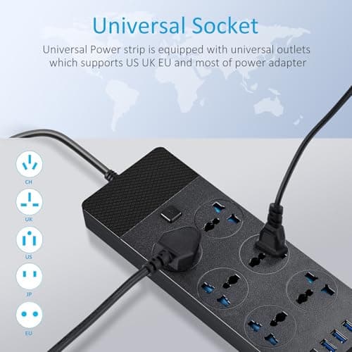 Universal Power Adapter, Jumpso 3000w Power Strip with 4 USB Ports (1 USB C), 6ft Extension Cord with International Outlets, 110-240v, European Travel Plug Adapter for Home Office Travel, Black - Thumbnail 3
