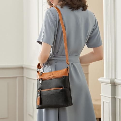 Kiss Sea Womens Crossbody Purse Leather Travel Cross Body Purse with Tassel and Adjustable Strap Black Brown - Thumbnail 3