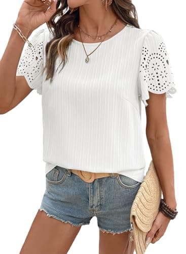 SHEWIN Womens Blouses Dressy Casual Crew Neck Texture Short Sleeve Lace Tops for Women Hollow Out Womens Tops Pullover Spring Clothes for Women,(US 16-18) XL,White - Image 1
