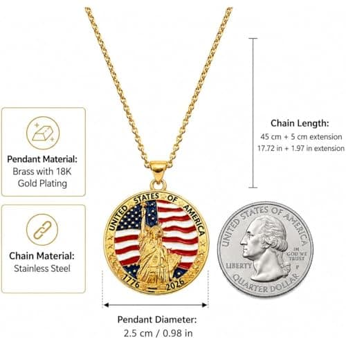 USA 250th Anniversary Necklace for Men Women, 1776 2026 Commemorative Pendant, 18K Golden Plated Brass Statue of Liberty American Flag Necklace with Stainless Steel Chain, Patriotic Jewelry Gift (Golden-USA) - Thumbnail 6