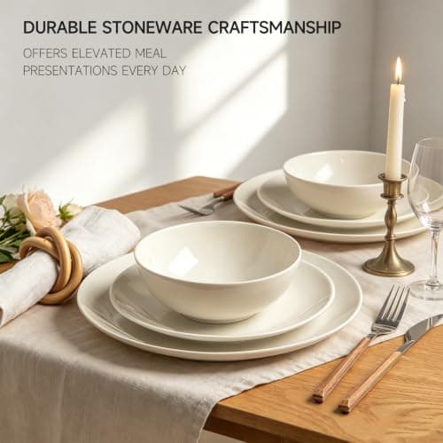 ALOFMO Ceramic Dinnerware Sets for 4,12 Pieces Plates and Bowls Sets, Plates Pasta Bowls Soup Bowls, Modern Stoneware Dishes, Reaction Glaze (White) - Thumbnail 2