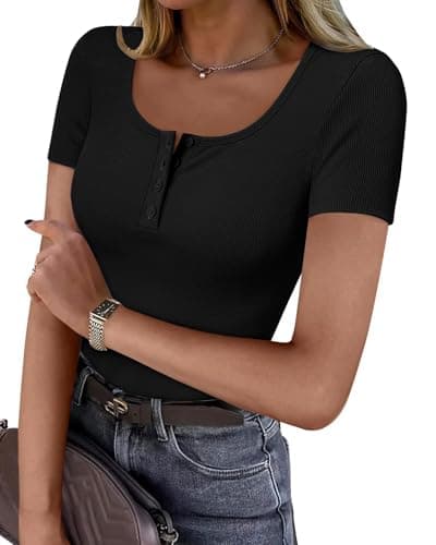 GKBK Ribbed Short Sleeve Tops for Women Henley Neck Slim Fitted Tight Basic Tee Tshirts Cute Spring Summer Tops 2025 Trendy Outfits Clothes Black S - Image 1