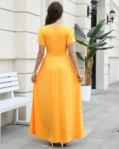 COSSEN Women’s Crewneck Short Sleeve Maxi Dress Yellow Large with Pockets – Casual Loose Swing Sundress for Wedding Guest, Beach & Vacation - Thumbnail 2