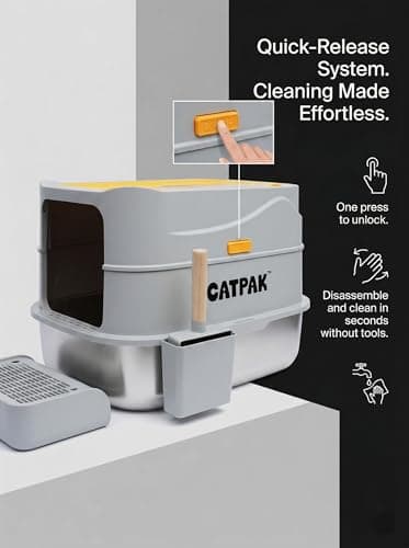 CATPAK Stainless Steel Cat Litter Box with Removable Cover – Large Enclosed Litter Box with Front & Top Entry, Includes Litter Mat and Scoop for Easy Cleaning (X-Large) - Thumbnail 6