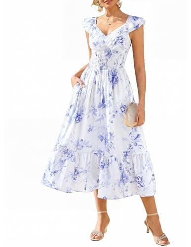 GRACE KARIN Women's Summer Floral Maxi Dress 2026 Ruffle Sleeve Smocked Sundress Flowy Wedding Guest Long Dresses Light Blue 2XL - Image 1