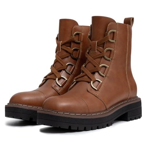 Athlefit Women's Brown Combat Ankle Boots Platform Chunky Low Heel Boots Fashion Lug Sole Lace Up Booties Size 9.5 - Thumbnail 3