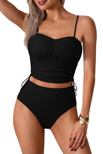 Pink Queen Drawstring Ruched Crop Top High Cut Bikini Set Swimsuits for Women Sexy Removable Spaghetti Straps Padded Beachwear Summer Beach Vacation Tankini Bathing Suits Black XL - Image 1