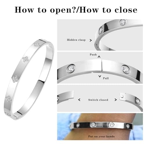 BOLAGTIER Silver Bangle Bracelets for Women Four Leaf Clover Lucky Love Cubic Zirconia Bracelet (Clover Silver-Small) - Thumbnail 5