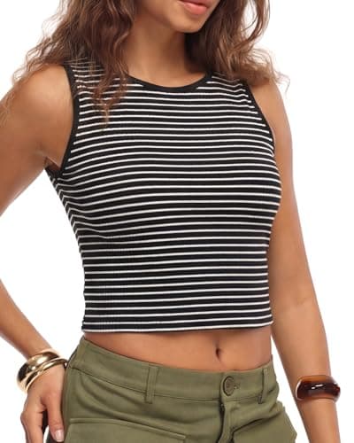 HiMONE Women’s Striped Crop Tank Top Sleeveless Crew Neck Slim Fit Casual Summer Cropped Tank Top Stretch Knit Fitted Basic Camisole S - Image 1