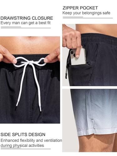 SILKWORLD Men's Swim Trunks Quick Dry Beach Shorts with Compression Liner and Zipper Pockets, Gradient-Black, X-Large - Thumbnail 2